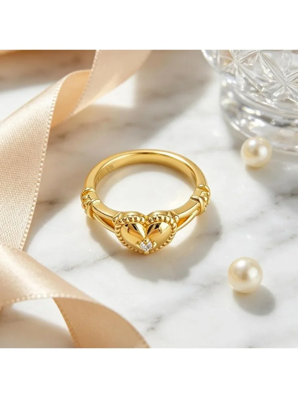 Vintage 14K Gold Plated Heart Signet Promise Ring for Women, Sizes 6-10